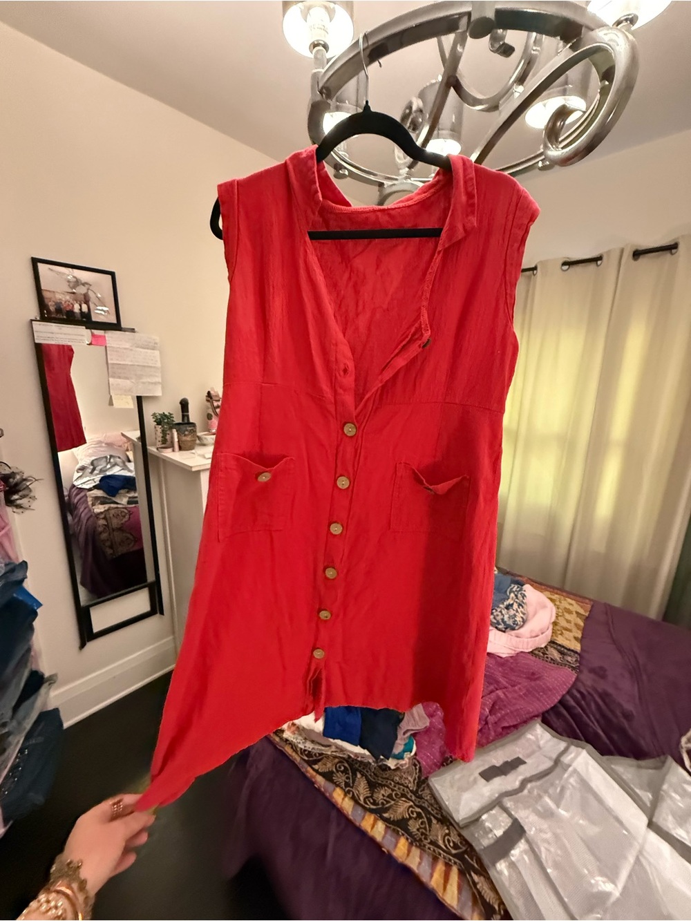 Red Button Front Tunic Dress Boho Sleeveless Top